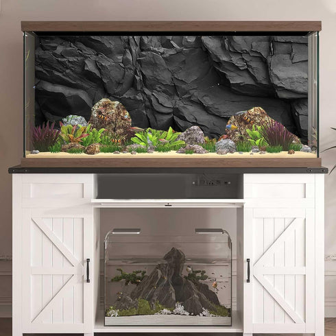 Stone Aquarium Background, Underwater Black Rock Fish Tank Background Rocky Terrarium Background, Polyester Background with 6 EVA Double-Sided Tapes 36x18 inches/90x45