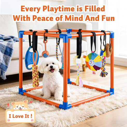 QUJOGA 10 Puppy Play Gym for Small/Medium Dogs with Hanging Puppy Teething Toys,Dog Enrichment Playground,Dog Rope Toys