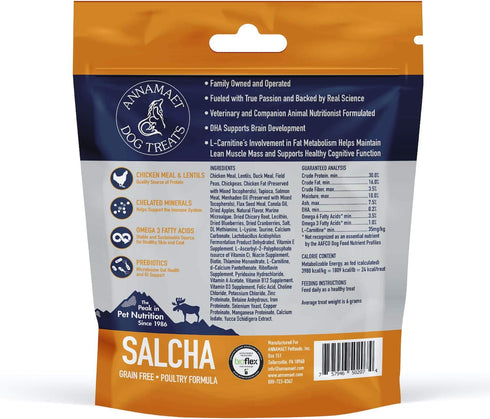 Annamaet Salcha Grain-Free Dog Treats, Poulet Formula with Chicken & Duck, 7-oz Bag