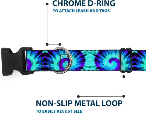 Buckle-Down Plastic Clip Collar, Tie Dye Swirl Purples/Blues, 1" Wide, Fits 15-26" Neck