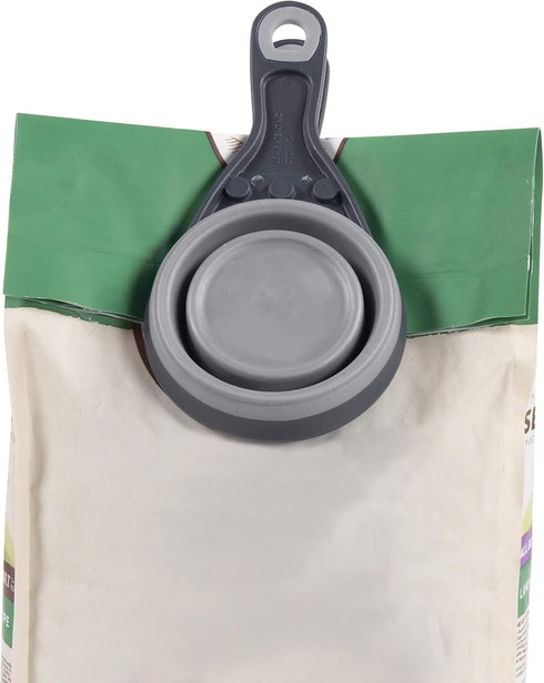 Dexas Pets Collapsible KlipScoop - 1 Cup Capacity Dry Dog Food Scoop and Bag Clip, Light Gray (PW660432429)