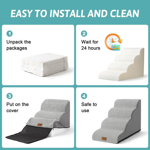 Dog Stairs for Couch or Low Bed, 3 Tiers Foam Pet Steps for Small Dogs, Non-Slip, White-Black, 15.7x22.4x15.7in