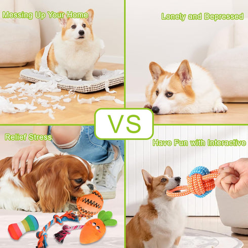 24 Pack Colorful Puppy Chew Toys for Teething - Plush Squeaky, Rope Chew Toys & Dog Treat Ball to Keep Them Busy