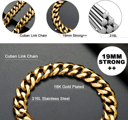 Heavy Duty Dog Chain Collar, Choke Collar, 14K Gold Plated Stainless Steel, 19MM, 22"