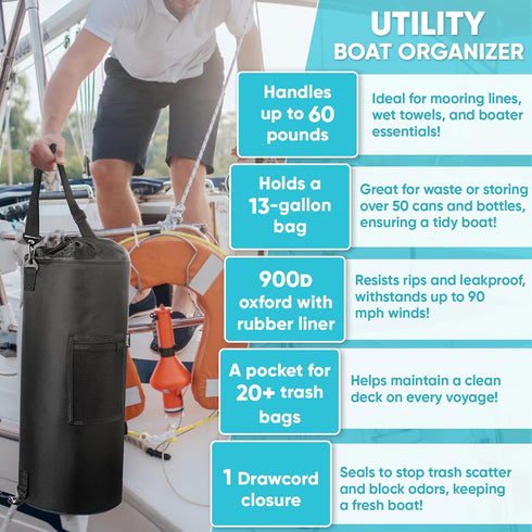 Wizcave Reusable Boat Trash Can - Portable Leakproof Garbage Can with Clips for 10-13 Gal Bags - Classic Black
