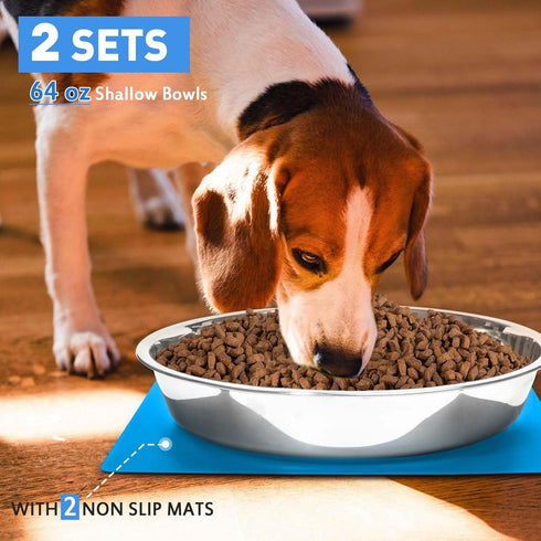 Shallow Dog Food Bowls, Non Slip Food Grade Stainless Steel Bowls for Large Dogs - 8 Cups / 2 Quart (2 Pcs)