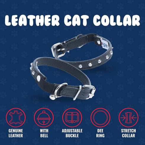Studded Cat Collar, Genuine Leather Kitten Collar, Midnight Black, 12 x 1/2 inches, Breakaway with Bell