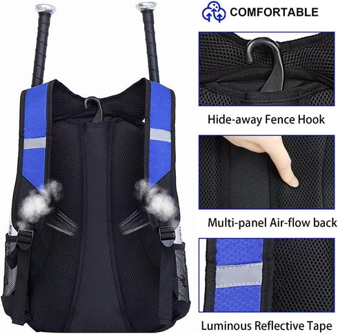 Youth Baseball Backpack Bag with Shoes Compartment, Bat Holder & Fence Hook for Softball & T-Ball Gear