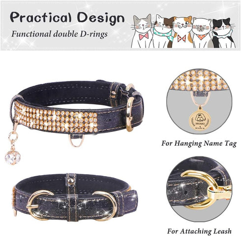 PetsHome Cat Collar, Dog Collar, Bling Rhinestones, Premium PU Leather with Pendant, Adjustable for Cat and Small Dog