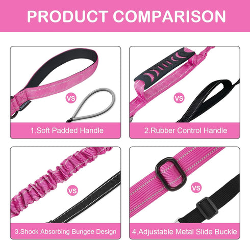 Tactical Heavy Duty Dog Leash, 4-6FT Shock Absorbing Bungee with 2 Padded Handles for Medium Large Dogs, Pink