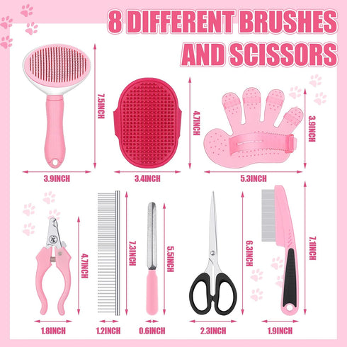 9 Pcs Dog Grooming Brush Kit, Self Cleaning Slicker, Cat Brush, Nail Clippers, Adjustable Strap Scissors (Fresh Color)