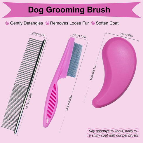 3-Piece Puppy Grooming Kit - Stainless Steel Flea Comb & Soft Bristle Brush for Small Breeds (Pink)