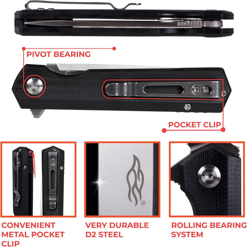 Firebird GANZO FH11 Pocket Folding Knife - D2 Steel Flip Blade, G10 Anti-slip Handle, Black