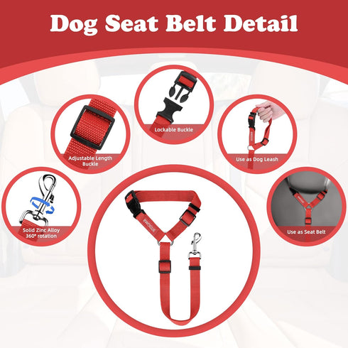 BWOGUE 2 Packs Adjustable Dog Cat Safety Seat Belt Strap Restraint for Vehicle, Nylon Fabric Harness Red