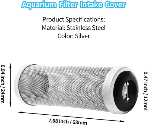 Stainless Steel Aquarium Filter Intake Cover, 12mm Shrimp Filter Guard Metal Fish Tank Filter Intake Strainer, Mesh Tube Filter Net Cover Aquarium Inlet Filter Screen for Fish Tank