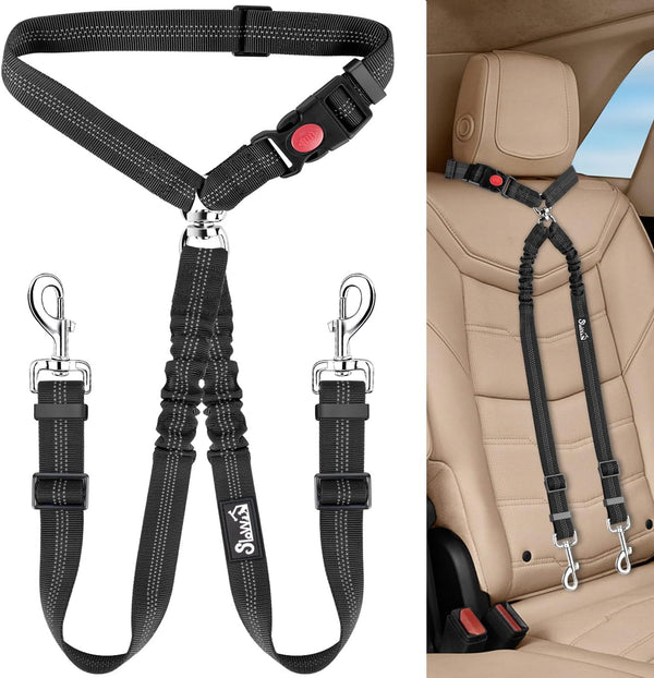 Lukovee Double Dog Seat Belt, Black, New Dual Pet Car Headrest Restraint Safety Seatbelt for 2 Dogs