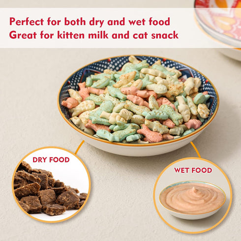 5.5 inch Wide Shallow Cat Food Bowl Set for Whisker Fatigue Relief, Ceramic, 6 Colorful Cute Dishes, 8 oz