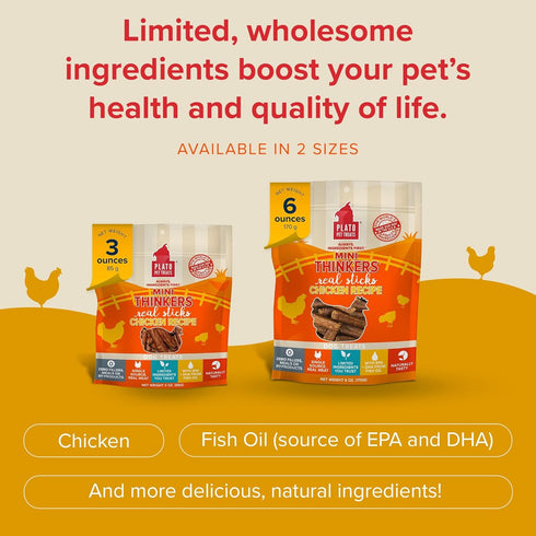 PLATO Mini Thinkers Sticks - Natural Dog Treats - Real Meat - Air Dried Chicken Flavor, Made in the USA, 3 ounces
