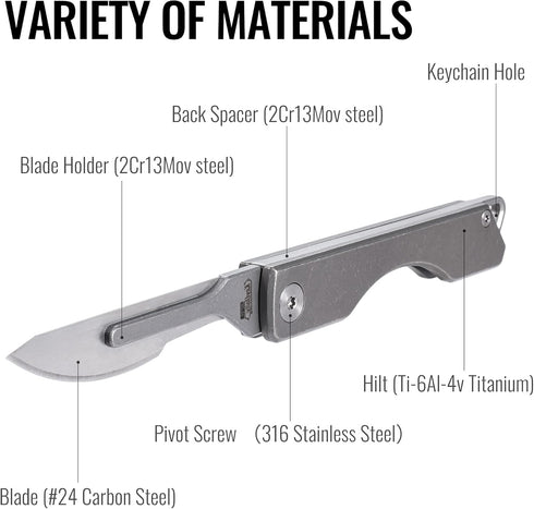 KeyUnity KK01 Titanium Folding Knife, Utility EDC Pocket Knife with #24 Replaceable Blade for Outdoor Use