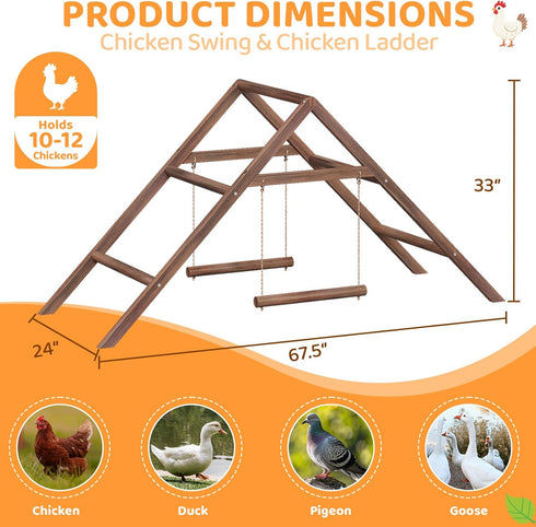 Vorhomness 2 1012 Pine Wood Chicken Perch with Swings & Ladder, Multi-Level Chicken Roosting Bars for Backyard Coop