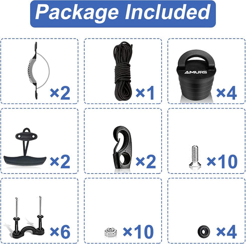 Kayak Carry Handles - Accessory Kit with T-Handle, 8 Feet Bungee Cord, Rivet Pad Eyes for Canoe
