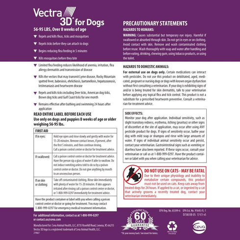 Vectra 3D for Dogs - Flea, Tick & Mosquito Treatment for Large Dogs (56 to 95 lbs) - 3 Month Supply