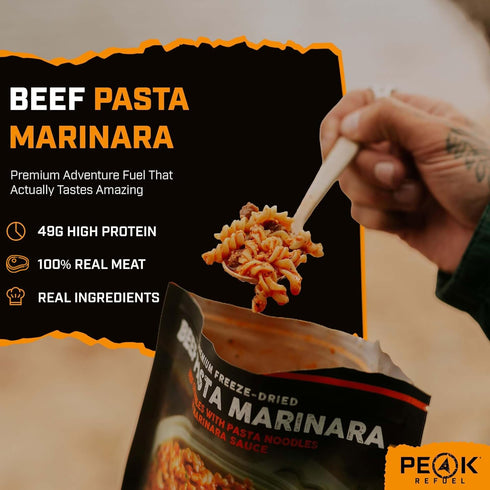 2-Pack 49g 1040 Pack 100% Backpacking 4 Peak Refuel Beef Pasta Marinara | Protein per Serving | Calories per | Real