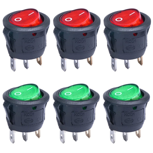 Twidec 6Pcs Round Rocker Switch AC 6A 125V, 10A 250V SPST Toggle KCD1-5-101NRG with LED Light