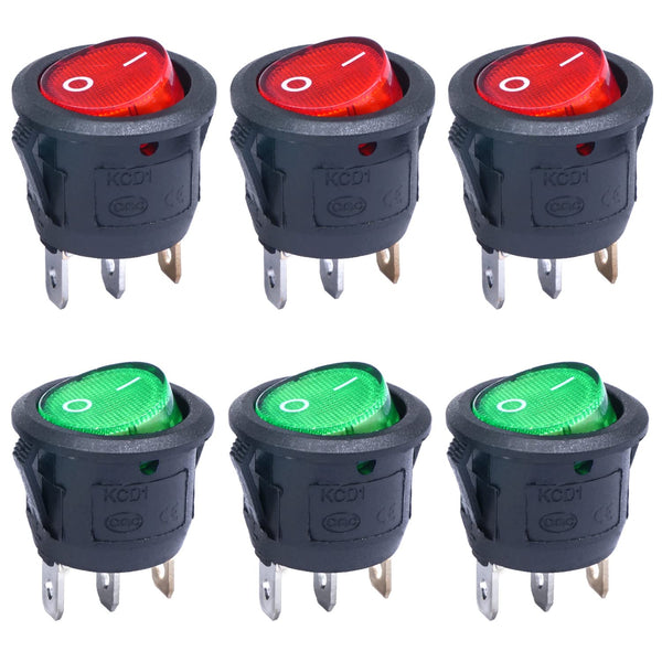 Twidec 6Pcs Round Rocker Switch AC 6A 125V, 10A 250V SPST Toggle KCD1-5-101NRG with LED Light