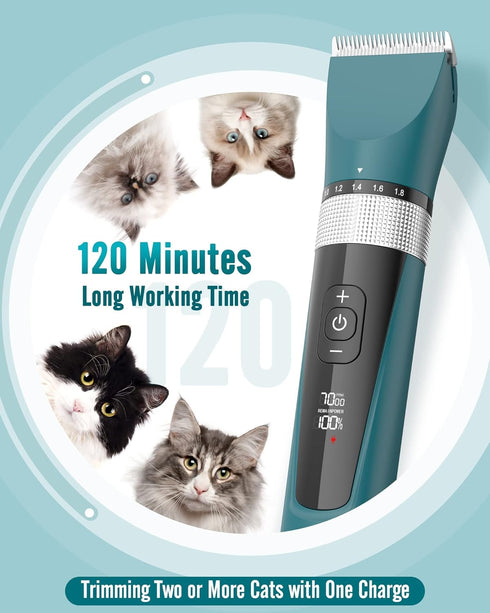 oneisall Cat Clippers for Matted Hair, 5-Speed Quiet Grooming Kit, Cordless Waterproof Cat Hair Trimmer (Green)