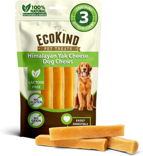 EcoKind Premium Gold Yak Cheese Himalayan Dog Chews, All Natural Dog Treats for Medium Dogs, 3 Chews