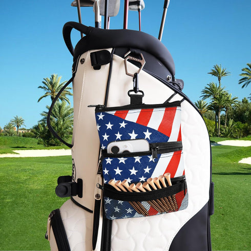 Golf Bag Accessories Valuables Pouch Bags - Multi Pocket Zipper Hook with 10 Pcs Wood Golf Tees for Men Women