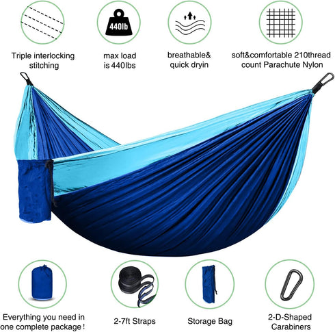 Portable Hammock Camping, Single/Double Hammocks for Outdoor Hiking, 210D Nylon Swing for Backyard & Garden