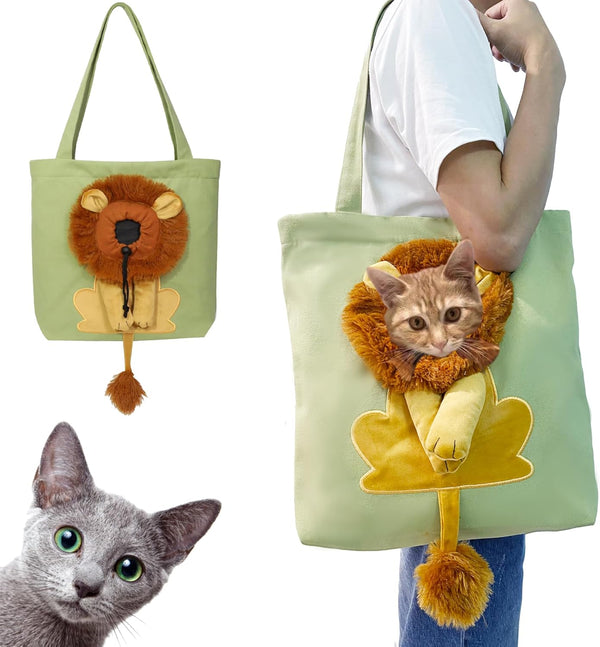Lion-Shaped Show Head Pet Canvas Shoulder Bag, Pet Out Bag (Light Green-Large)