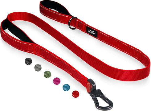 TwoEar 5FT 1IN Strong Red Dog Leash with 2 Padded Handles, Traffic Handle for Extra Control, Reflective Walking Lead.