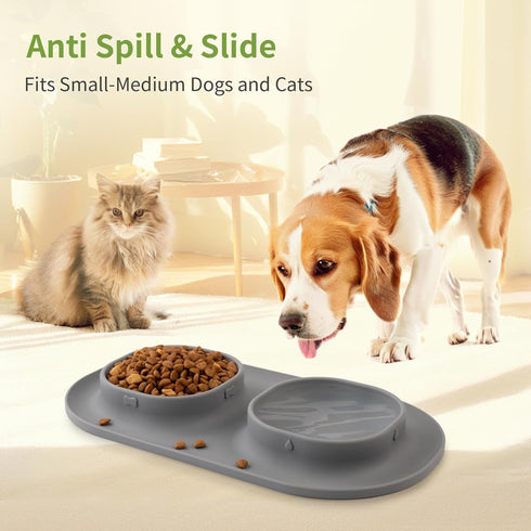 Dog Food Water Bowls for Puppy - Small Medium Dogs Non-Skid Feeder Bowl Mat for Pet Feeding Station, Grey
