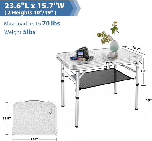 Sportneer Folding Camping Table, Adjustable Height Portable Table with Mesh Layer for Outdoor Use