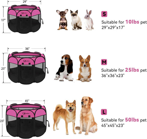 Dog Playpen, Indoor Puppy Pet Playpen for Medium Dogs, Portable Pop Up Kennel with Carrying Case, Hot Pink