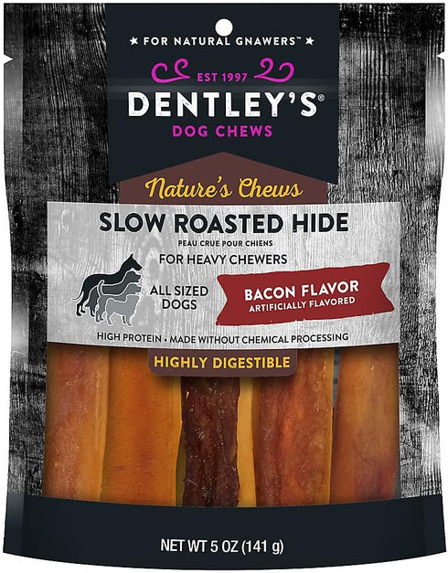 Dently Nature's Chews Slow Roasted Hide Bacon Flavor, 5 oz Bag for Heavy Chewers + 1-Doggie Waste Roll