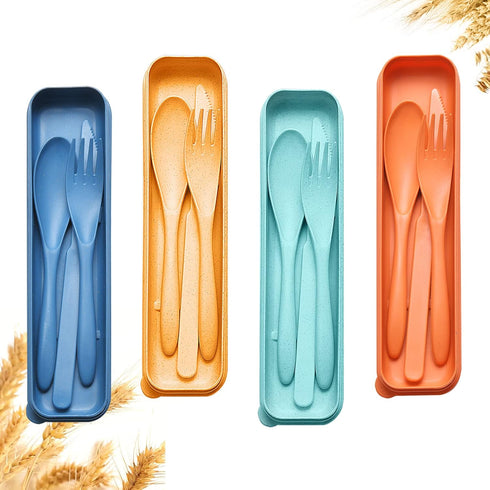 Reusable Travel Utensils Set with Case, 4 Sets Wheat Straw Cutlery for Kids Adults Travel Picnic