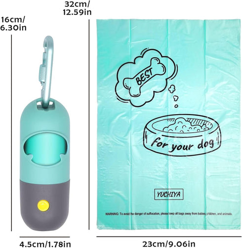 Dog Poop Bags Holder with LED Flashlight, 15 Crystal Blue Bags and 3 LR44 Batteries