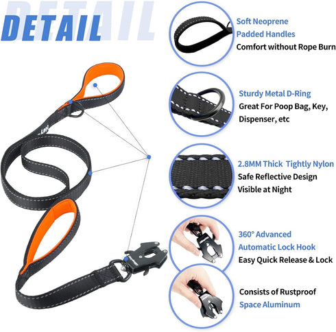 Strong Heavy Duty Dog Leash, 6ft Reflective Nylon Training Leash with Soft Padded Double Handle for Large, Medium,