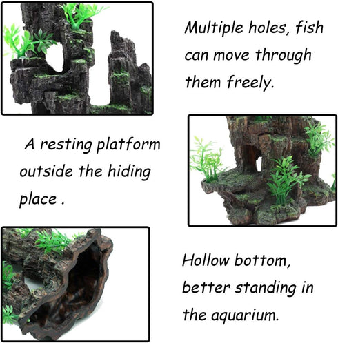 Tfwadmx Aquarium Mountain View Moss Tree Rock Cave Stone Ornament with Small Plants for Fish Tank Landscape