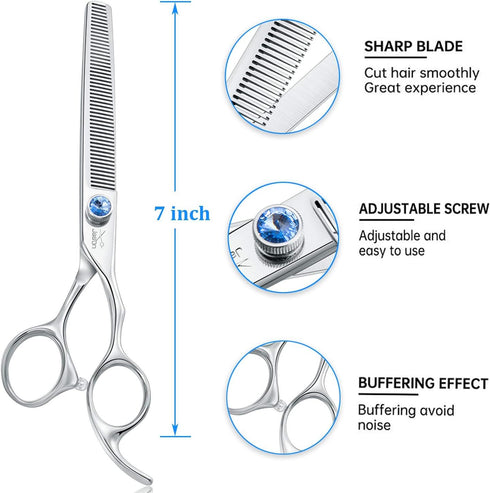 JASON 7" 50 Teeth Thinning Dog Grooming Scissor, Ergonomic Blender Shears Kit with Offset Handle and Jewelled Screw