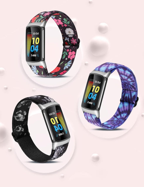 Wearlizer 3 Packs Adjustable Elastic Band for Fitbit Charge 6/5, Stretchy Loop Strap Soft Nylon Sport Wristband
