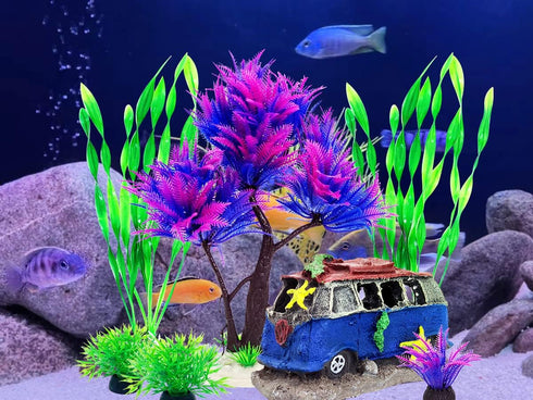 6PCS Fish Tank Aquarium Decorations, Plastic Plants with Resin Cave Rock for Fish Hideout (Purple Set)