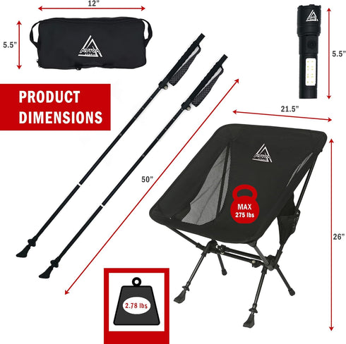 AVIVA Sports 3-in-1 Backpacking 3 lbs Camping Chair, Trekking Poles & Mounted Flashlight All-in-One Kit Small & Weighs