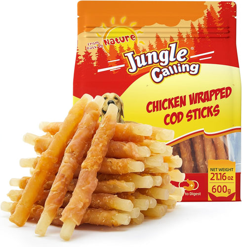 Jungle Calling 1.32lb 35-Count Rawhide Free Dog Treats, 4.5-Inch Chicken Wrapped Cod