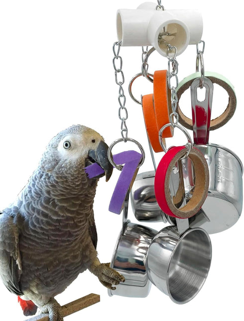 Durable Bird Parrots Toys, Pullable Stainless Steel Cup and Cardboard Ring Toys for Mini Macaws, African Greys,