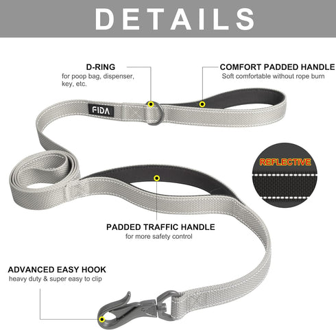 Fida 4 FT Heavy Duty Dog Leash - 2 Comfortable Padded Handles with Traffic Handle & Easy Snap Hook (Grey)